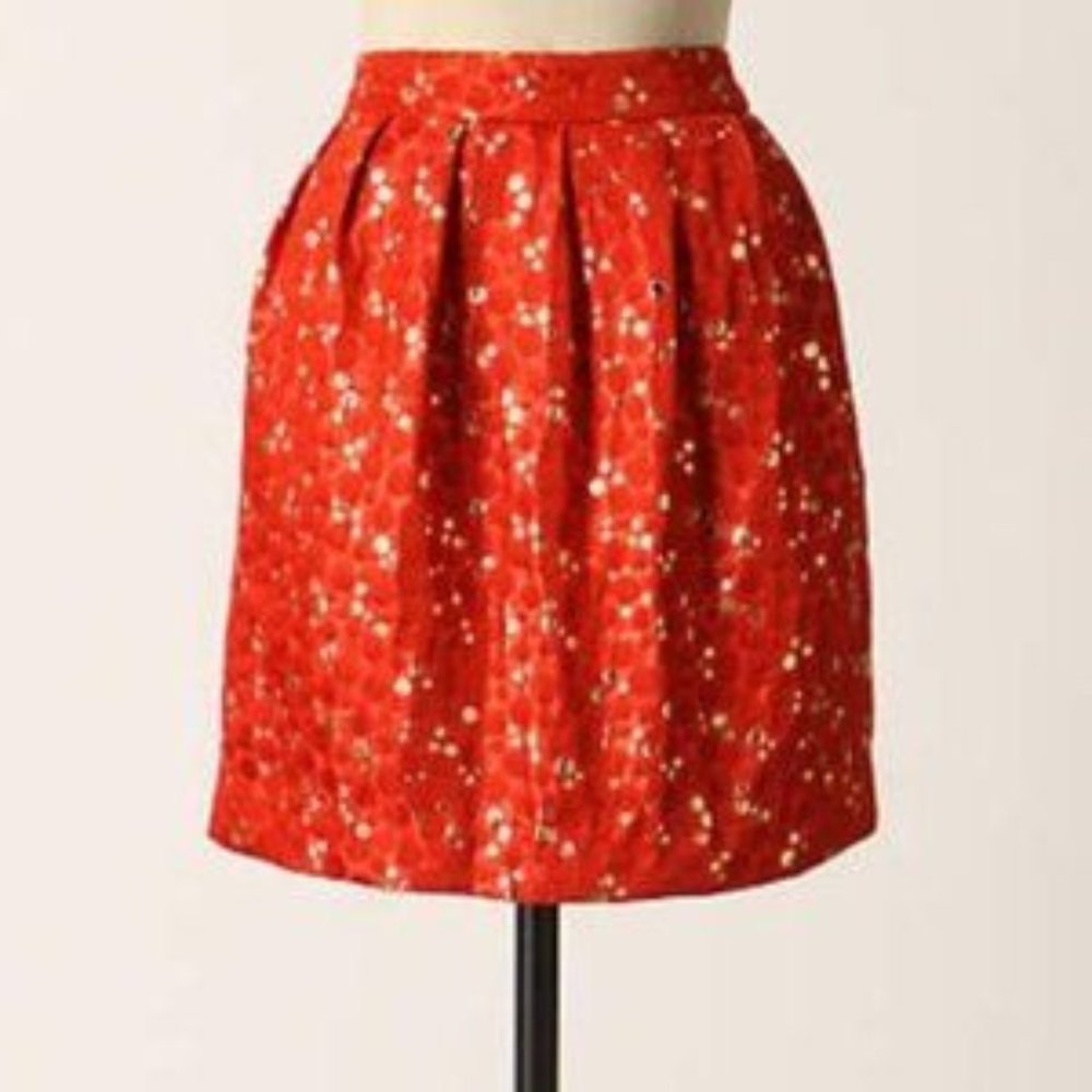 Anthropologie Red Floral Pleated Cotton Skirt